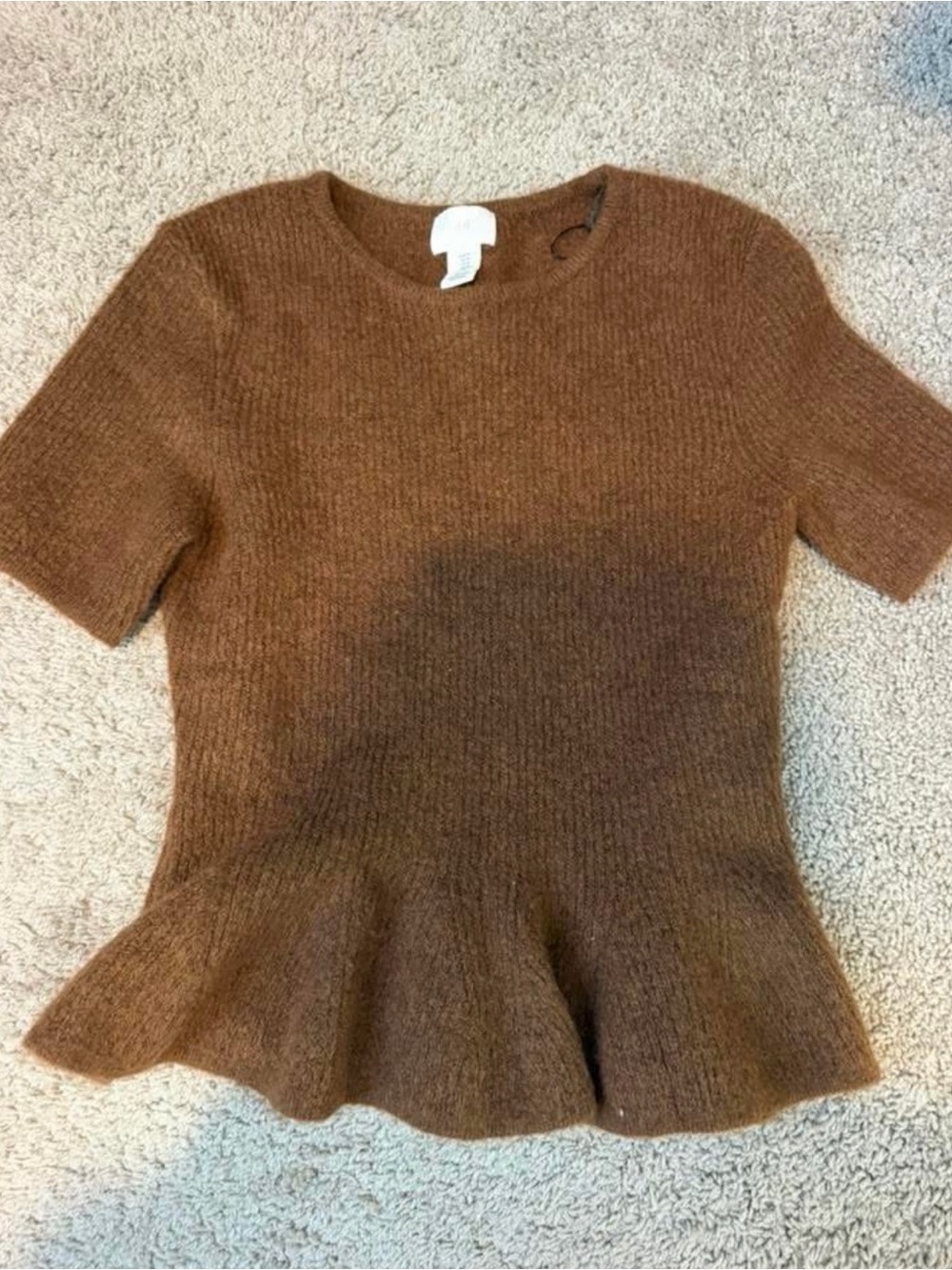 Soft Brown Short Sleeve Peplum Sweater-H&M